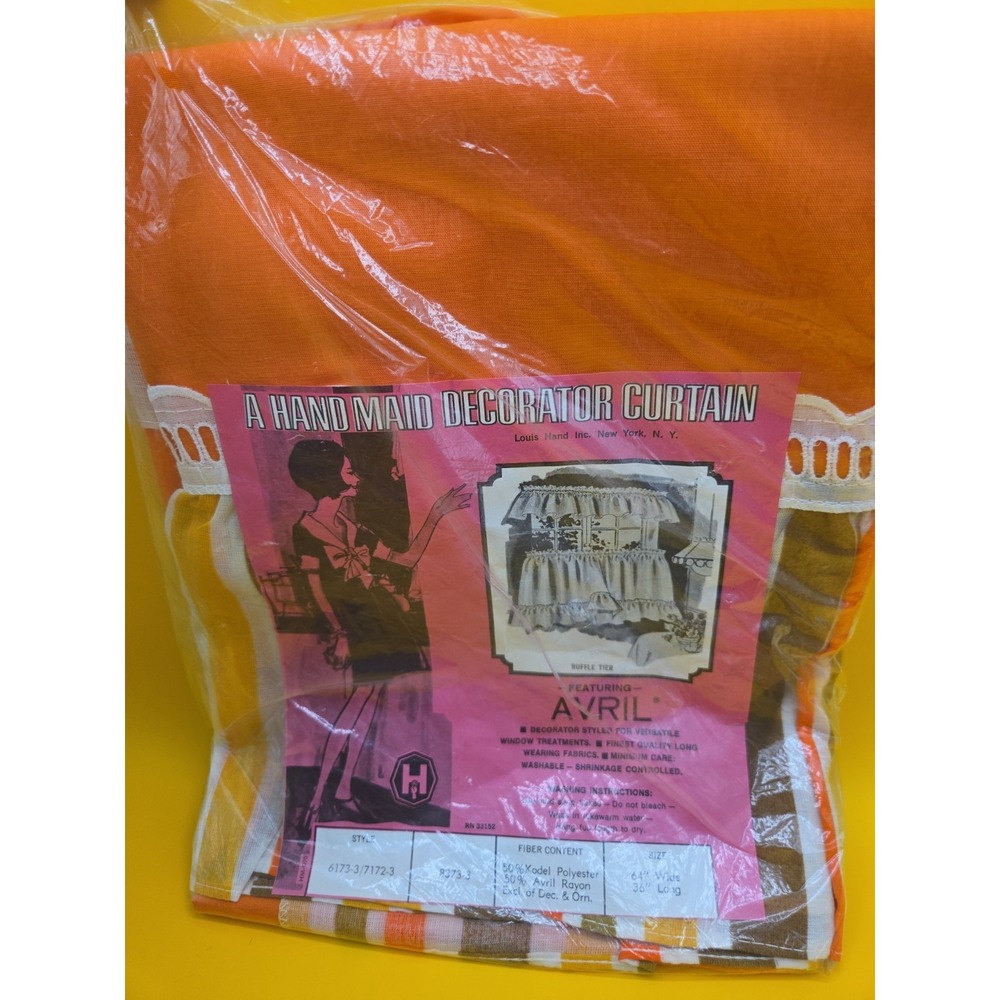 Vintage 1970s Louis Hand Maid Cafe Curtain Ruffle Tier NIP Orange Brown Retro...